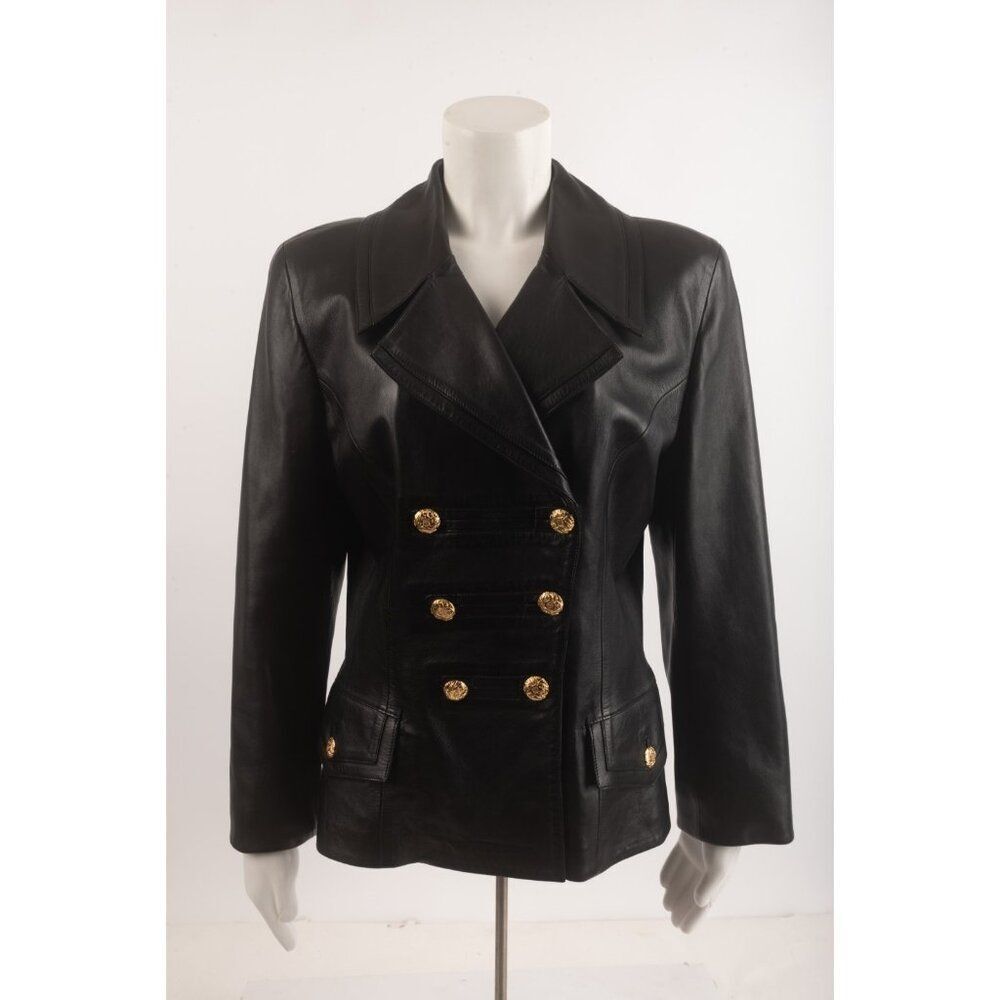 Loewe Madrid Womans Jacket Coat Blazer 44 M Black Leather Double Breasted Vtg